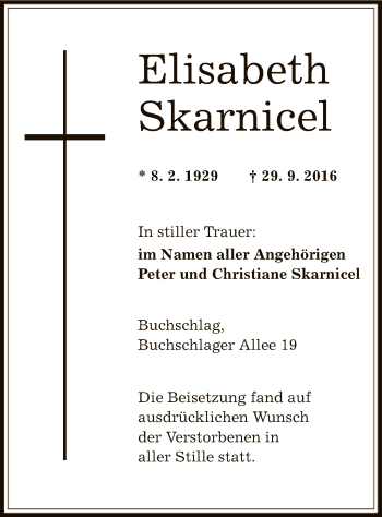 Traueranzeige von Elisabeth Skarnicel von Offenbach