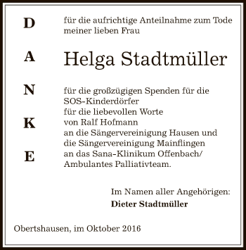 Traueranzeige von Helga Stadtmüller von Offenbach