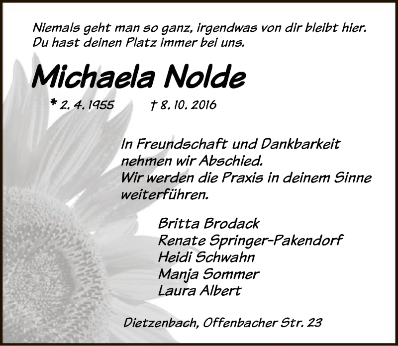  Traueranzeige für Michaela Nolde vom 20.10.2016 aus Offenbach