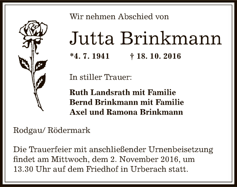  Traueranzeige für Jutta Brinkmann vom 27.10.2016 aus Offenbach