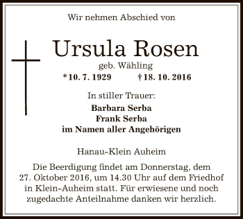 Traueranzeige von Ursula Rosen von Offenbach