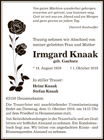 Traueranzeige von Irmgard Knaak von Offenbach