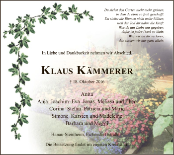 Traueranzeige von Klaus Kämmerer von Offenbach