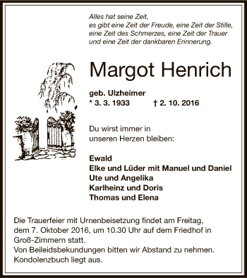 Traueranzeige von Margot Henrich von Offenbach