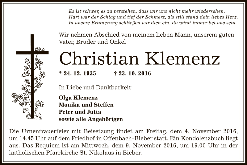 Traueranzeige für Christian Klemenz vom 29.10.2016 aus Offenbach