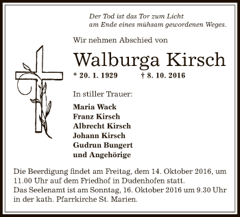 Traueranzeige von Walburga Kirsch von Offenbach