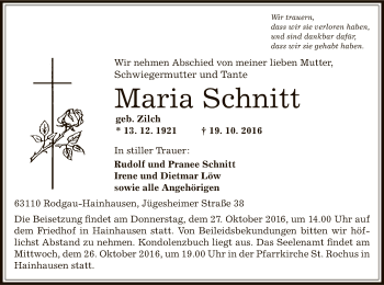 Traueranzeige von Maria Schnitt von Offenbach