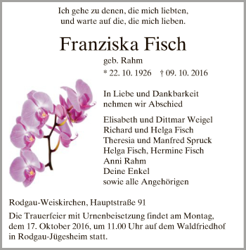 Traueranzeige von Franziska Fisch von Offenbach