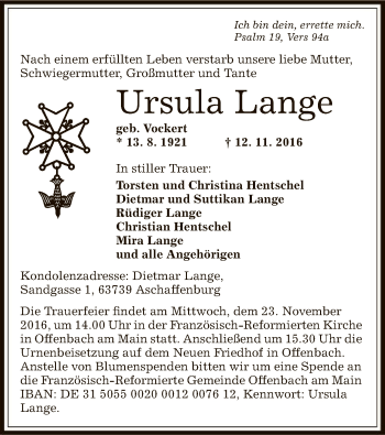 Traueranzeige von Ursula Lange von Offenbach