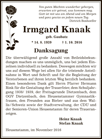 Traueranzeige von Irmgard Knaak von Offenbach