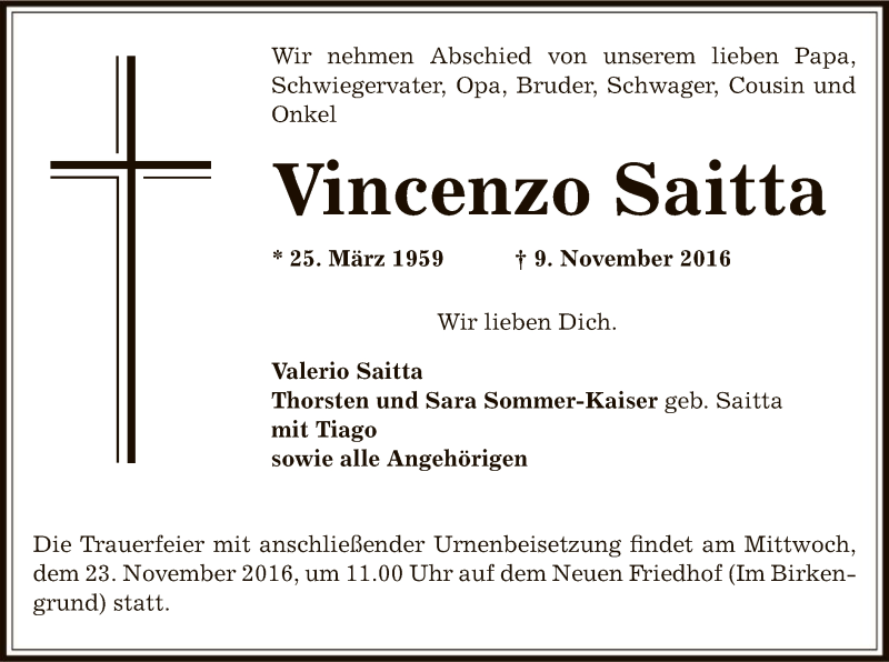  Traueranzeige für Vincenzo Saitta vom 19.11.2016 aus Offenbach