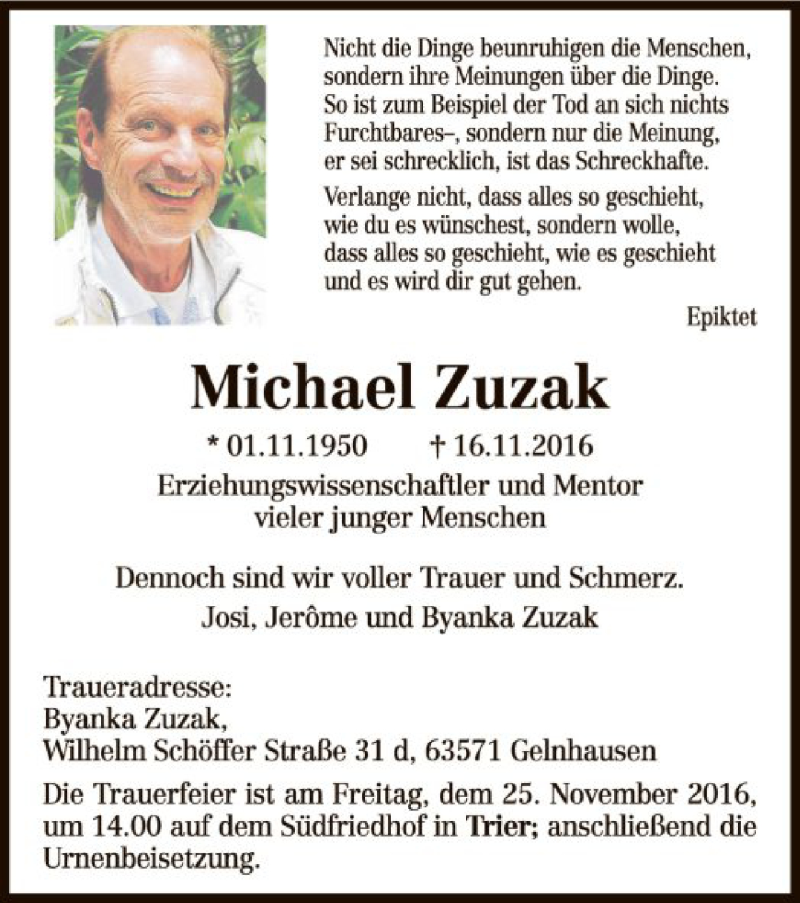  Traueranzeige für Michael Zuzak vom 22.11.2016 aus Offenbach