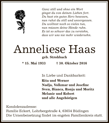 Traueranzeige von Anneliese Haas von Offenbach