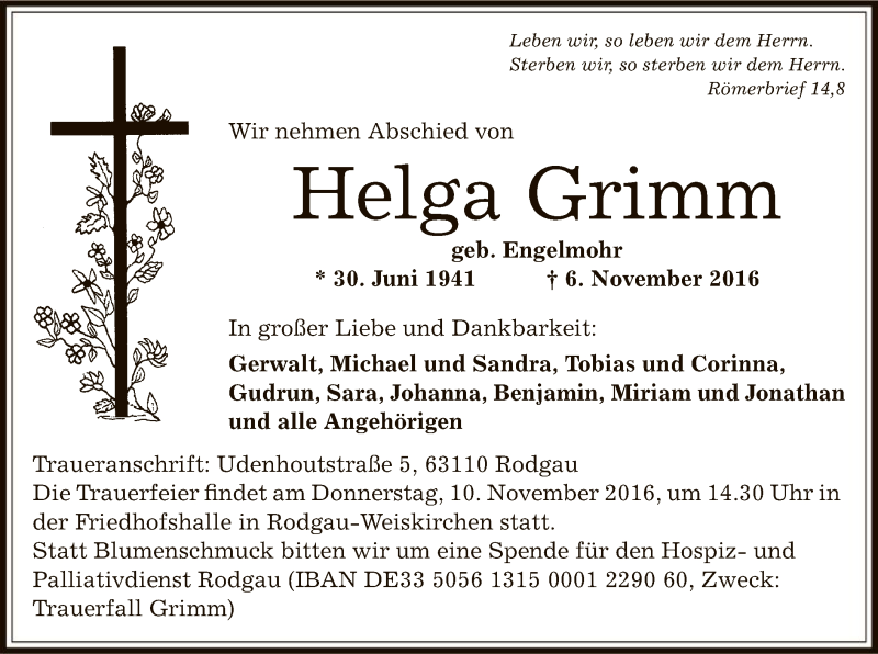  Traueranzeige für Helga Grimm vom 09.11.2016 aus Offenbach