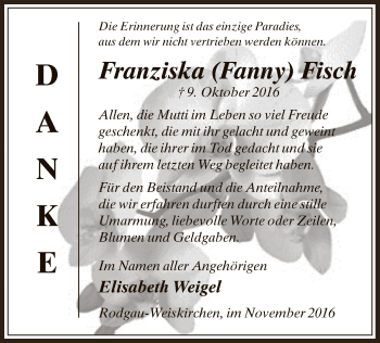 Traueranzeige von Franziska Fisch von Offenbach