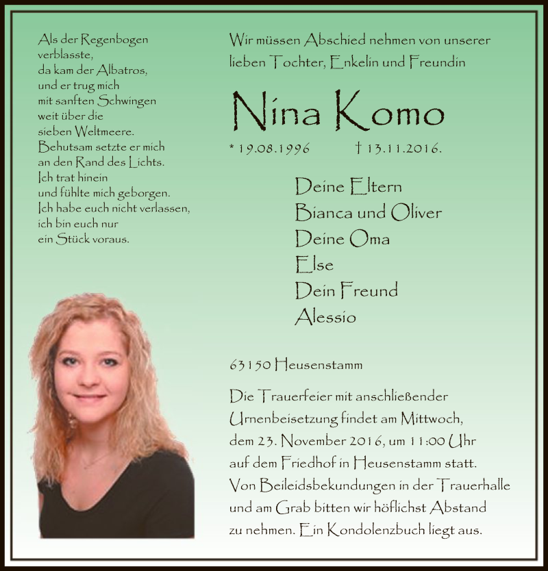  Traueranzeige für Nina Komo vom 19.11.2016 aus Offenbach