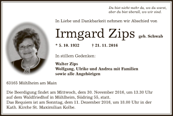 Traueranzeige von Irmgard Zips von Offenbach