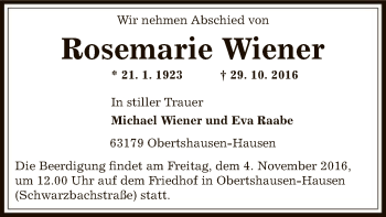 Traueranzeige von Rosemarie Wiener von Offenbach