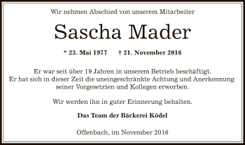 Traueranzeige von Sascha Mader von Offenbach