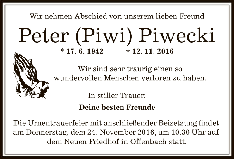  Traueranzeige für Peter Piwecki vom 19.11.2016 aus Offenbach