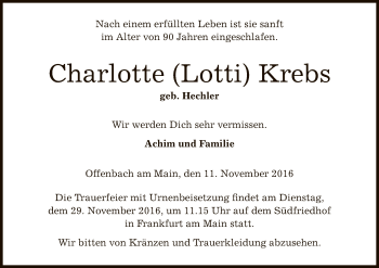 Traueranzeige von Charlotte Krebs von Offenbach