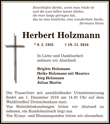 Traueranzeige von Herbert Holzmann von Offenbach