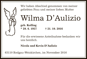 Traueranzeige von Wilma D Aulizio von Offenbach