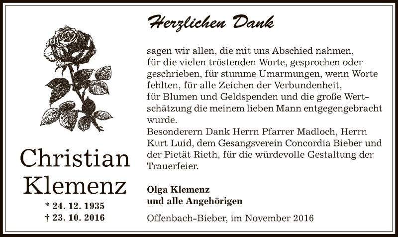 Traueranzeige für Christian Klemenz vom 26.11.2016 aus Offenbach