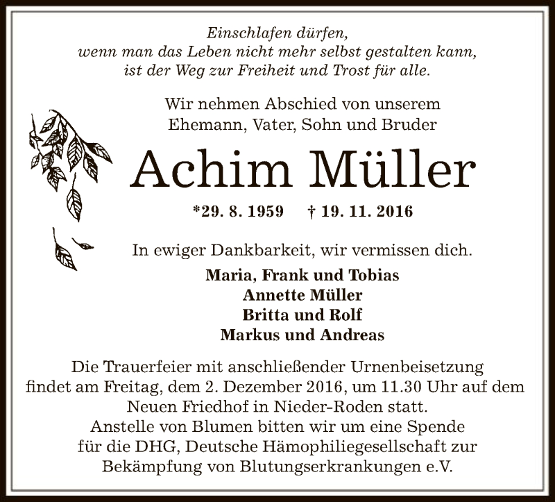  Traueranzeige für Achim Müller vom 24.11.2016 aus Offenbach