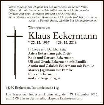 Traueranzeige von Klaus Eckermann von Offenbach