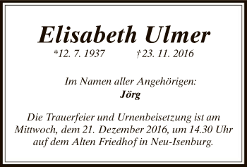 Traueranzeige von Elisabeth Ulmer von Offenbach