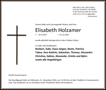 Traueranzeige von Elisabeth Holzamer von Offenbach