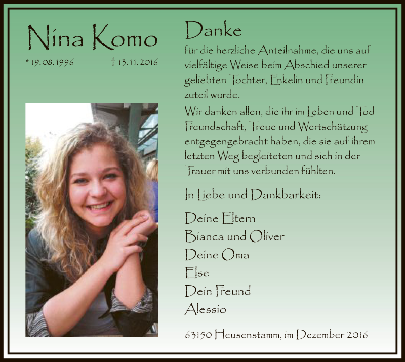  Traueranzeige für Nina Komo vom 03.12.2016 aus Offenbach