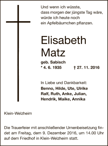 Traueranzeige von Elisabeth Matz von Offenbach