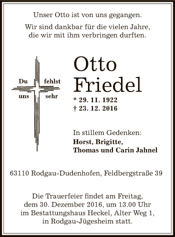 Traueranzeige von Otto Friedel von Offenbach