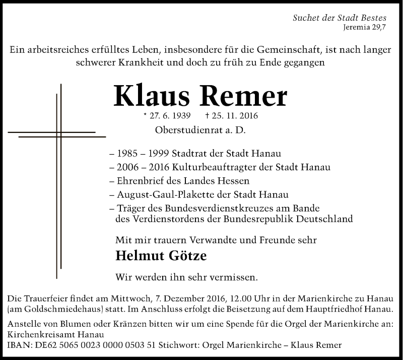  Traueranzeige für Klaus Remer vom 03.12.2016 aus Offenbach