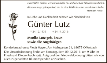 Traueranzeige von Günter Lutz von Offenbach