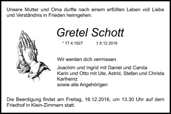 Traueranzeige von Gretel Schott von Offenbach