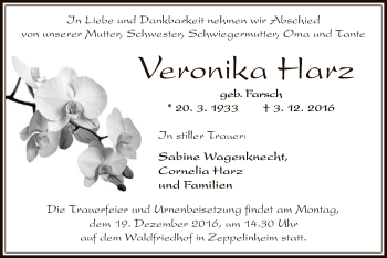 Traueranzeige von Veronika Harz von Offenbach