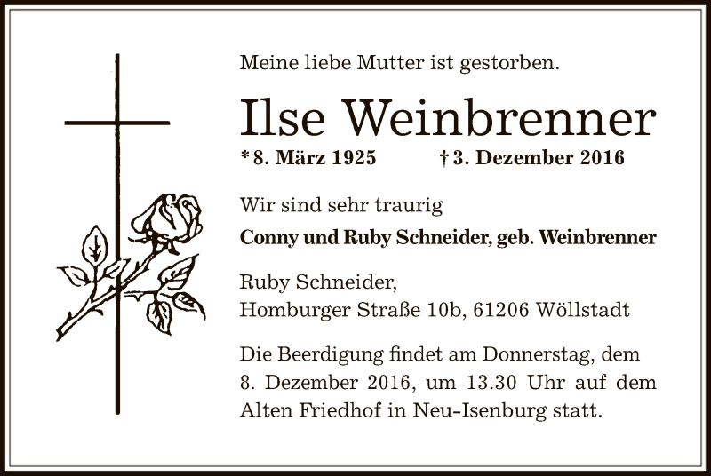  Traueranzeige für Ilse Weinbrenner vom 08.12.2016 aus Offenbach