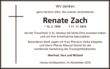 Traueranzeige von Renate Zach von Offenbach