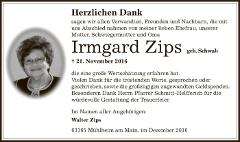 Traueranzeige von Irmgard Zips von Offenbach