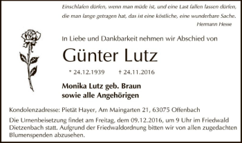 Traueranzeige von Günter Lutz von Offenbach