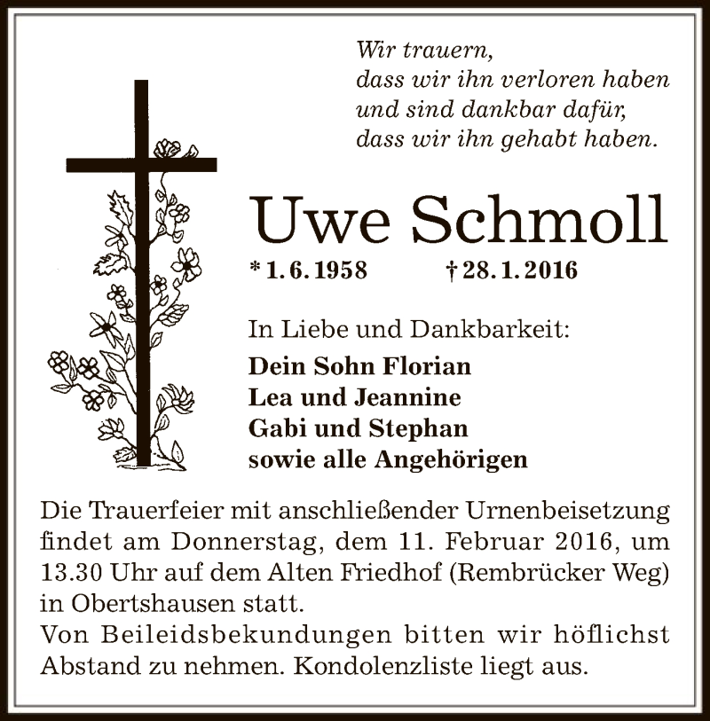  Traueranzeige für Uwe Schmoll vom 06.02.2016 aus Offenbach