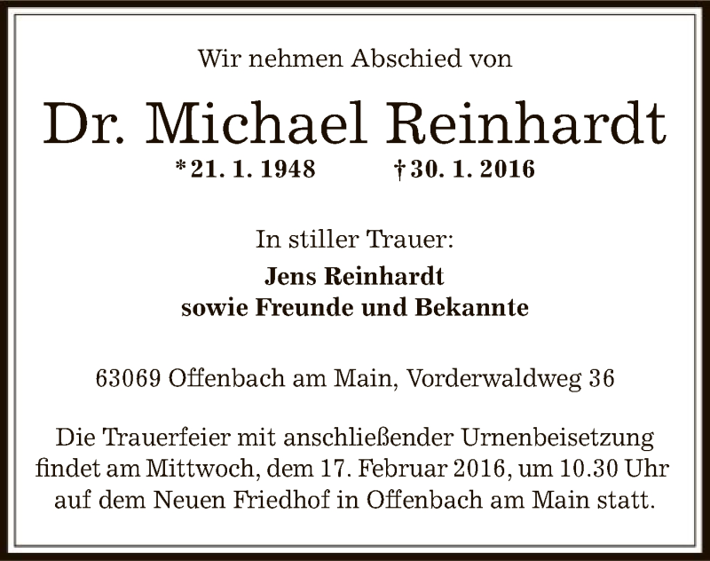 Traueranzeigen von Michael Reinhardt