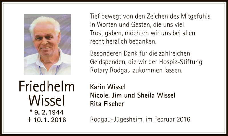 Traueranzeige für Friedhelm Wissel vom 06.02.2016 aus Offenbach