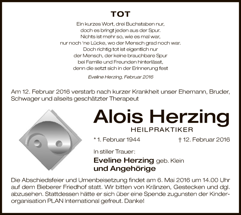  Traueranzeige für Alois Herzing vom 20.02.2016 aus Offenbach