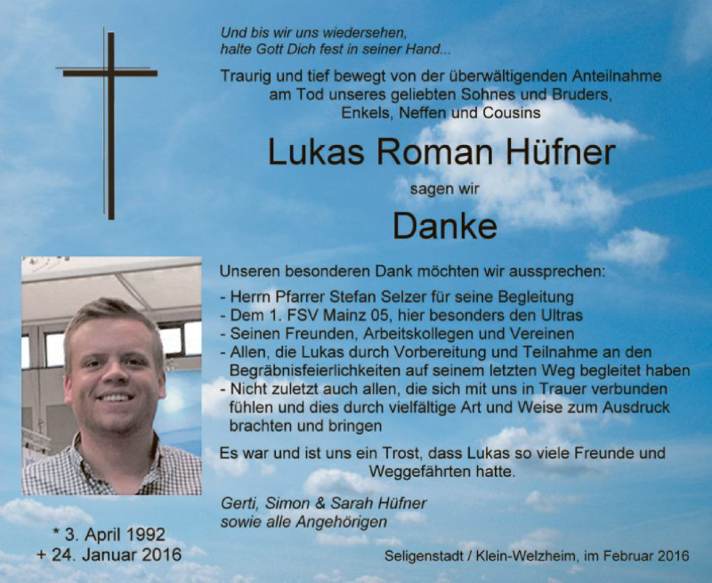  Traueranzeige für Lukas Roman Hüfner vom 20.02.2016 aus Offenbach