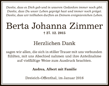 Traueranzeige von Berta Johanna Zimmer von Offenbach