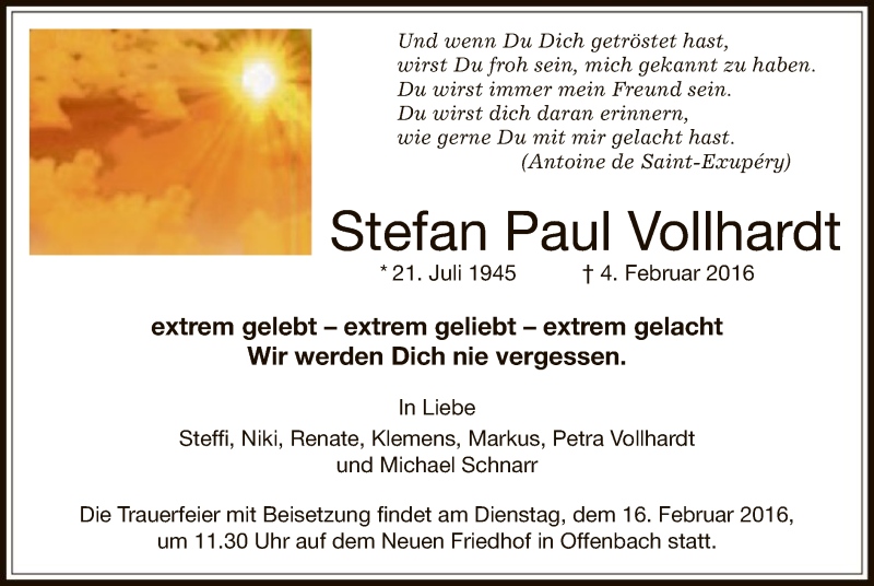  Traueranzeige für Stefan Paul Vollhardt vom 13.02.2016 aus Offenbach